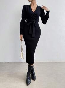 SHEIN Essnce Surplice Neck Belted Bodycon Sweater Dress - Black - View 3