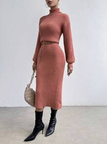 SHEIN Essnce High Neck Woolen Dress With Dropped Shoulder Sleeves - Dusty Pink - View 4