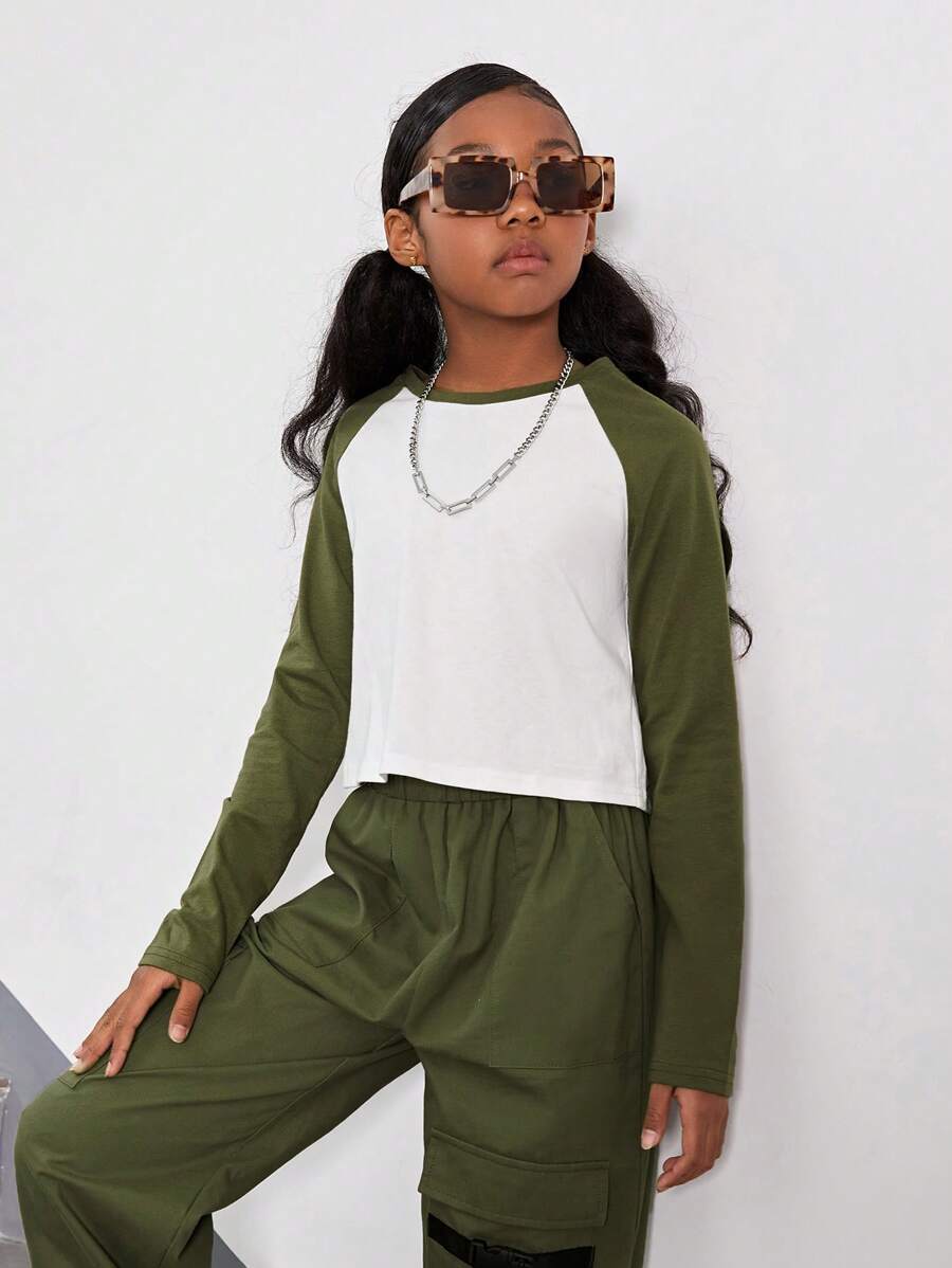SHEIN Tween Girl Colorblock Raglan Sleeve Tee - Multicolor - View 1