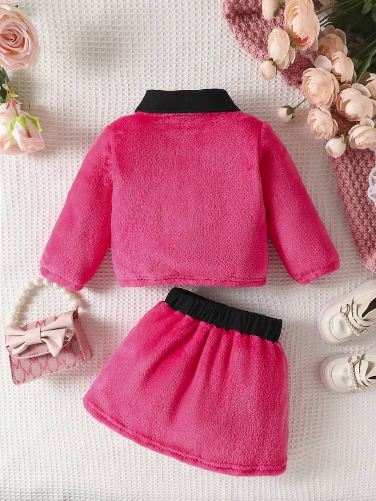 Baby Girl Letter Embroidery Contrast Collar Teddy Sweatshirt & Skirt