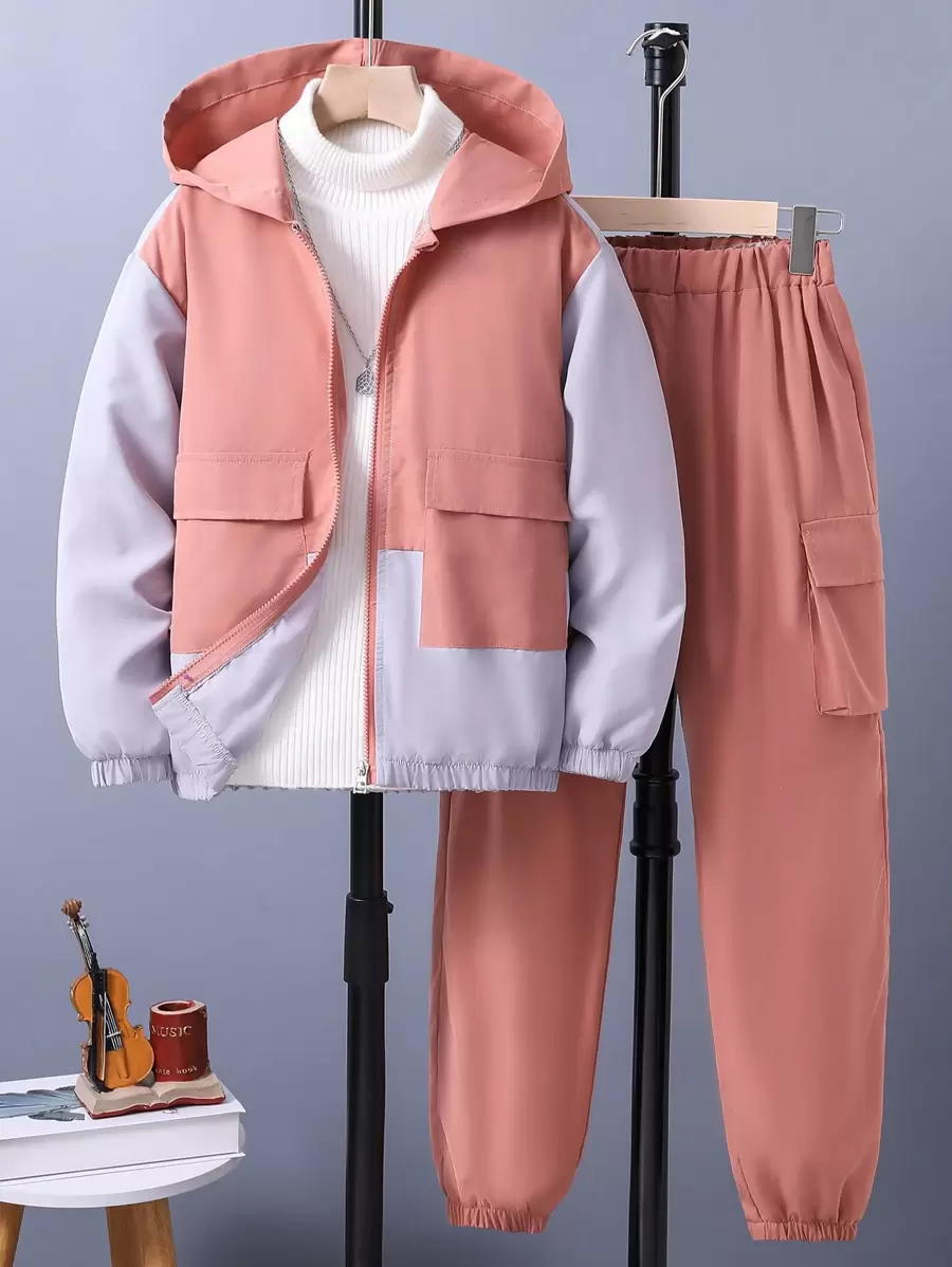 SHEIN Con trai Thể thao Thời trang áo có mũ Áo khoác Và Quần Cargo Bộ - Nhiều màu - Xem 1