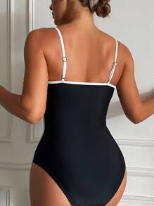 SHEIN Swim 女士撞色邊框性感連身泳衣 - 黑色 - 查看 2