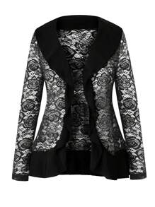 SHEIN LUNE 大碼荷葉邊開門襟蕾絲夾克 - 黑色 - 查看 1