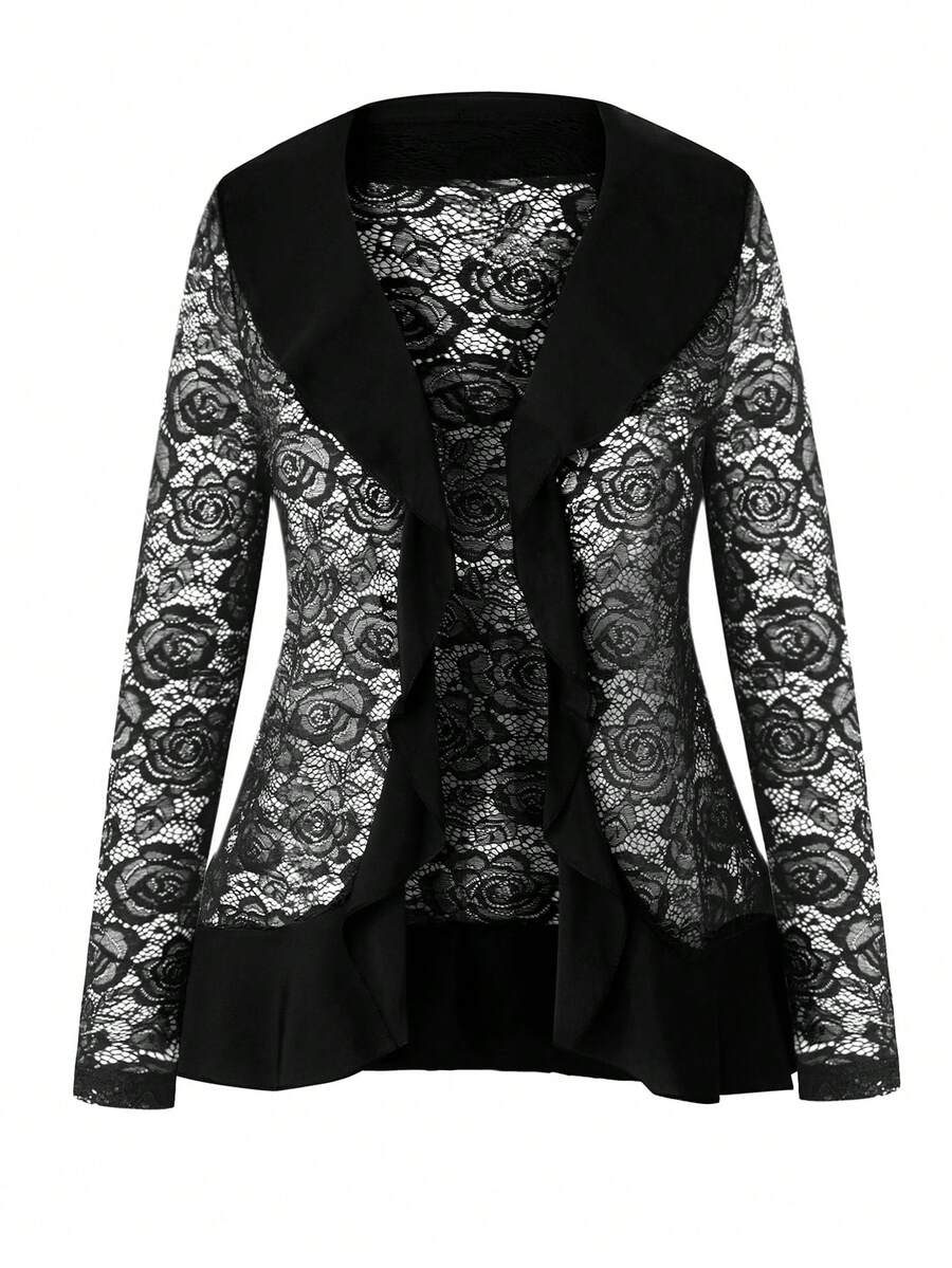 SHEIN LUNE 大碼荷葉邊開門襟蕾絲夾克 - 黑色 - 查看 1