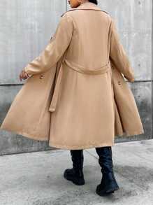 Flirla Hơn Đôi ngực Thắt lưng Áo khoác Trench - Màu Khaki - Xem 1