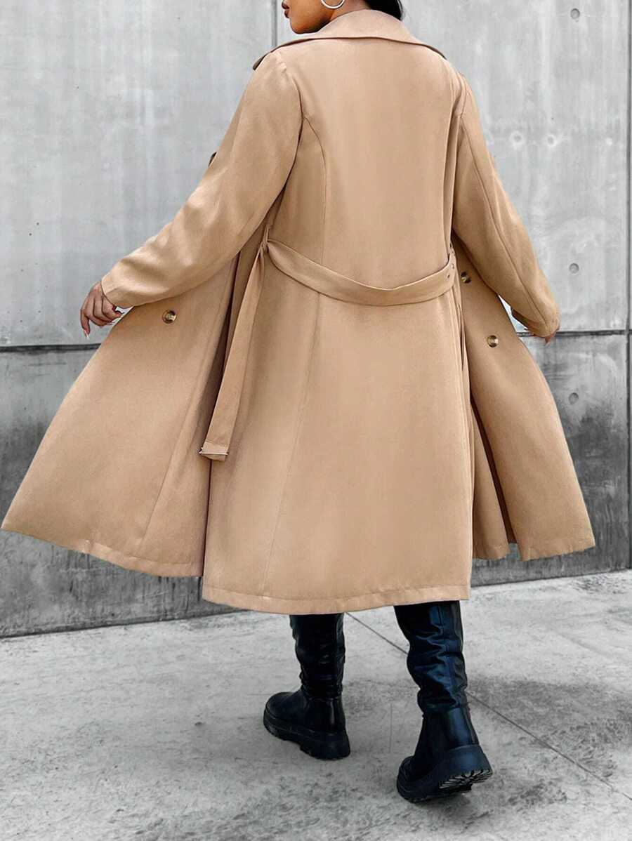 Flirla Hơn Đôi ngực Thắt lưng Áo khoác Trench - Màu Khaki - Xem 1