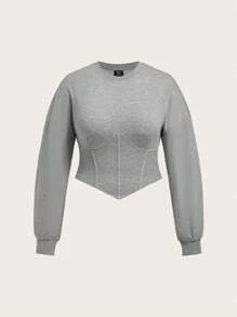 SHEIN EZwear Hơn Chất rắn Viền khăn tay Thả vai Áo len crop - Xám - Xem 1