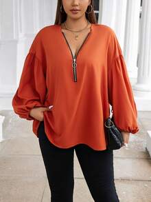 Calvaya 大碼半拉鏈燈籠袖襯衫 - 紅色 - 查看 4