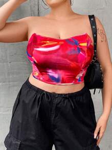 Flirla Talla grande Top tubo crop con estampado de dibujo de espalda abierta con cordón
