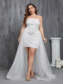 Plus Floral Jacquard Mesh Overlay Tube Wedding Dress - White - View 3