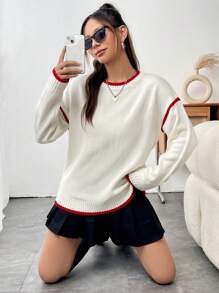 SHEIN Unity Viền tương phản Thả vai Áo len - trắng - Xem 4