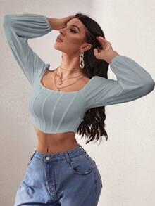 SHEIN Unity Tay áo lồng đèn Top Cây trồng - Màu xanh lam - Xem 5