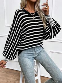 SHEIN LUNE Suéter de punto con mangas de murciélago y estampado de rayas para otoño e invierno - Blanco y Negro - Ver 6