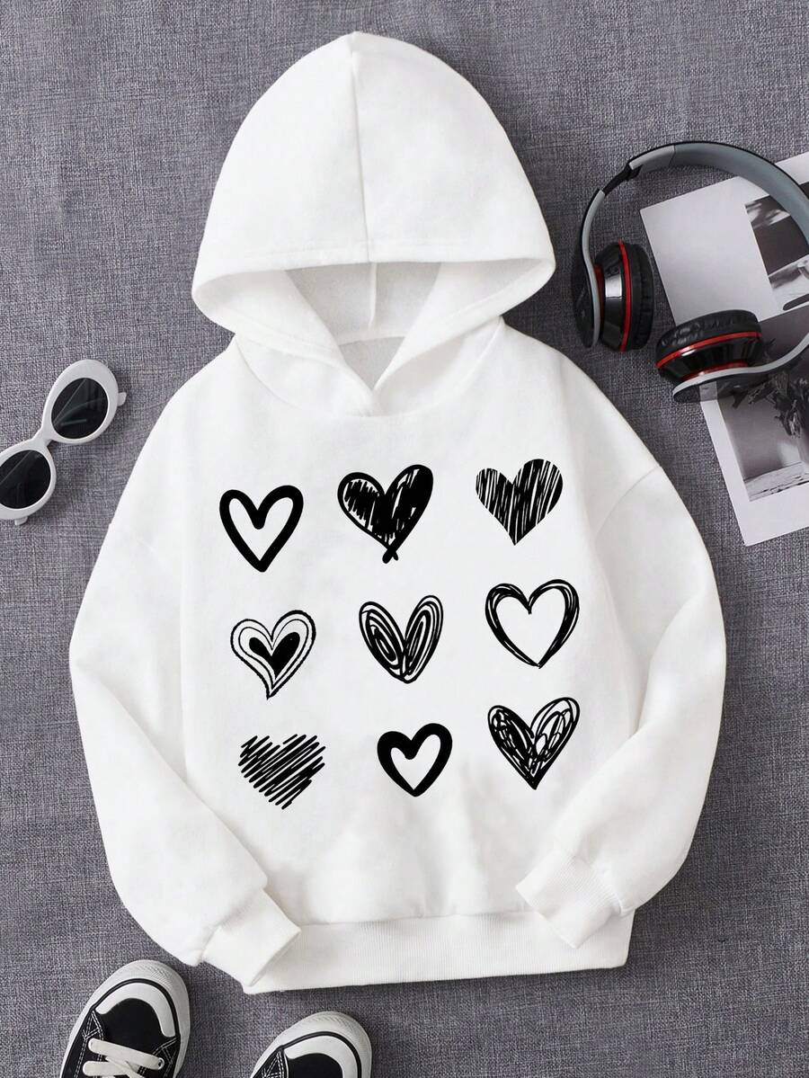 少女心形印花落肩卫衣 - 白色 - 查看 1