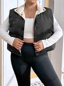 SHEIN Essnce Plus Flap Detail Snap Button Vest Padded Coat Winter Fall Autumn - Black - View 6