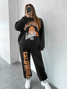 SHEIN Coolane Plus Letter Graphic Drop Shoulder Hoodie & Sweatpants - Black - View 5