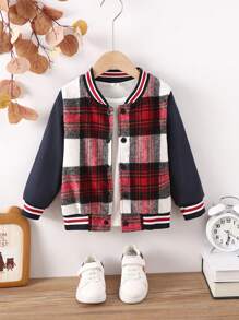 SHEIN 小男孩格子印花條紋飾校隊大衣（不含 T 卹） - 彩色 - 查看 1