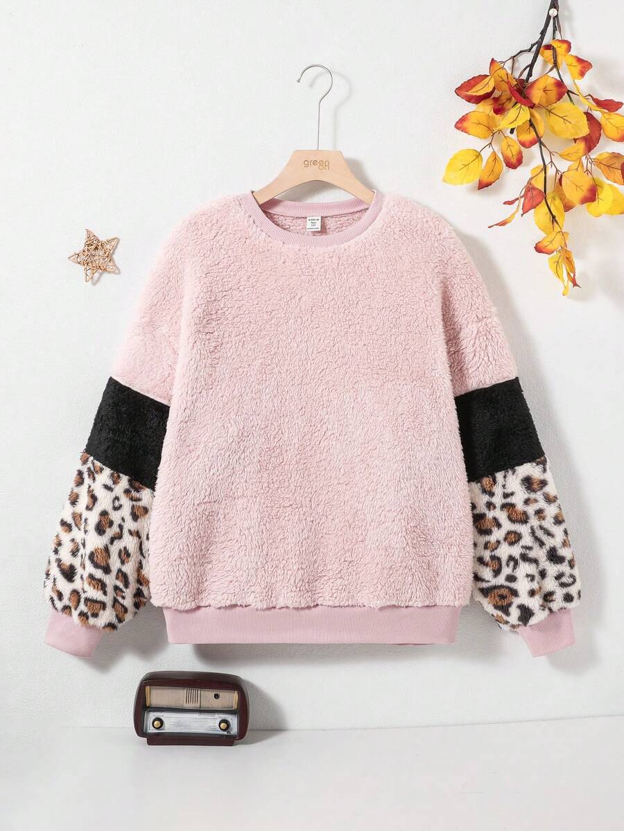 SHEIN Teen Girl Contrast Leopard Print Drop Shoulder Fleece Sweatshirt - Multicolor - View 1