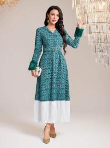 Modelyn Allover Print Fuzzy Cuff Pleated Hem Belted Dress - Multicolor - View 1