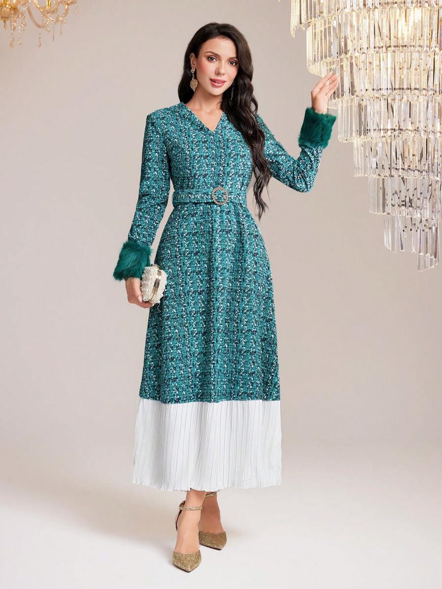 Modelyn Allover Print Fuzzy Cuff Pleated Hem Belted Dress - Multicolor - View 1