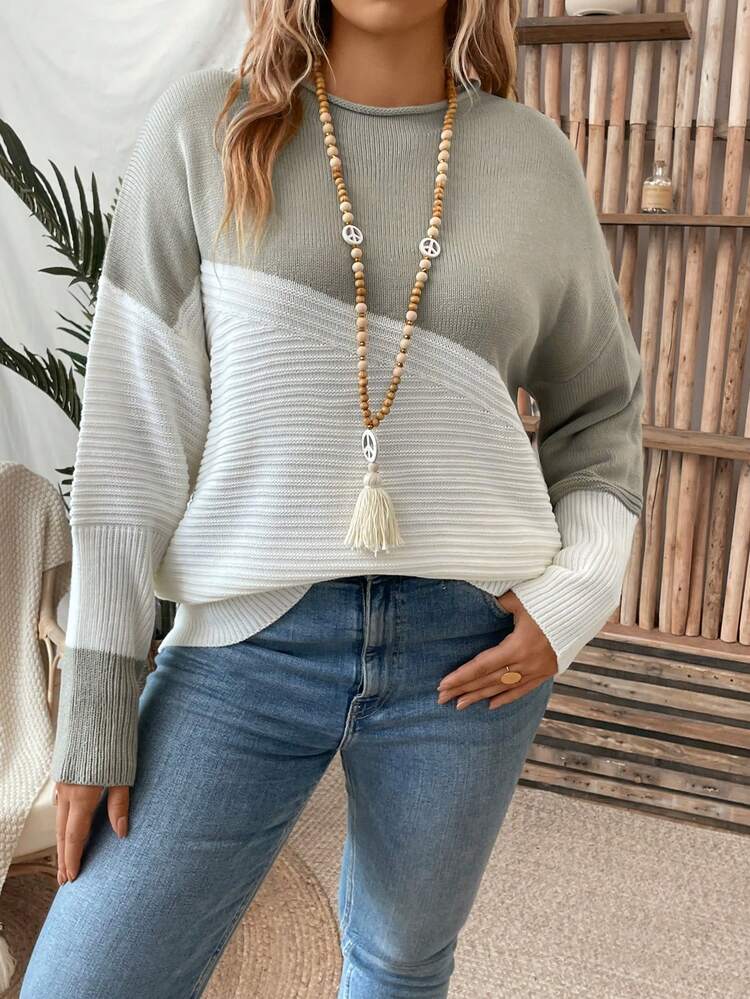 Plus Two Tone Drop Shoulder Sweater, For Winter Knit Pullover Fall Sweater