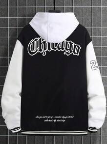 Manfinity Hypemode 男士大尺碼標語印花棒球夾克 - 黑與白 - 查看 2