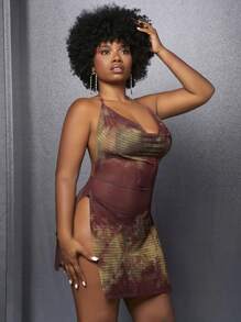 Slaydiva Brown & Yellow Tie Dye Mesh See-Through High Slit Halter Backless Bodycon Mini Dress For Women - Multicolor - View 4