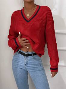 EURMUSE Asymmetric Drop Shoulder Sweater With Contrast Border - Red - View 5