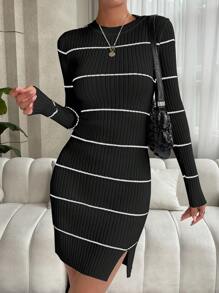 Chiquease Mẫu sọc Viền chia cắt Đầm Áo len - màu đen - Xem 3