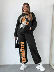 SHEIN Coolane Plus Letter Graphic Drop Shoulder Hoodie & Sweatpants - Black - View 3