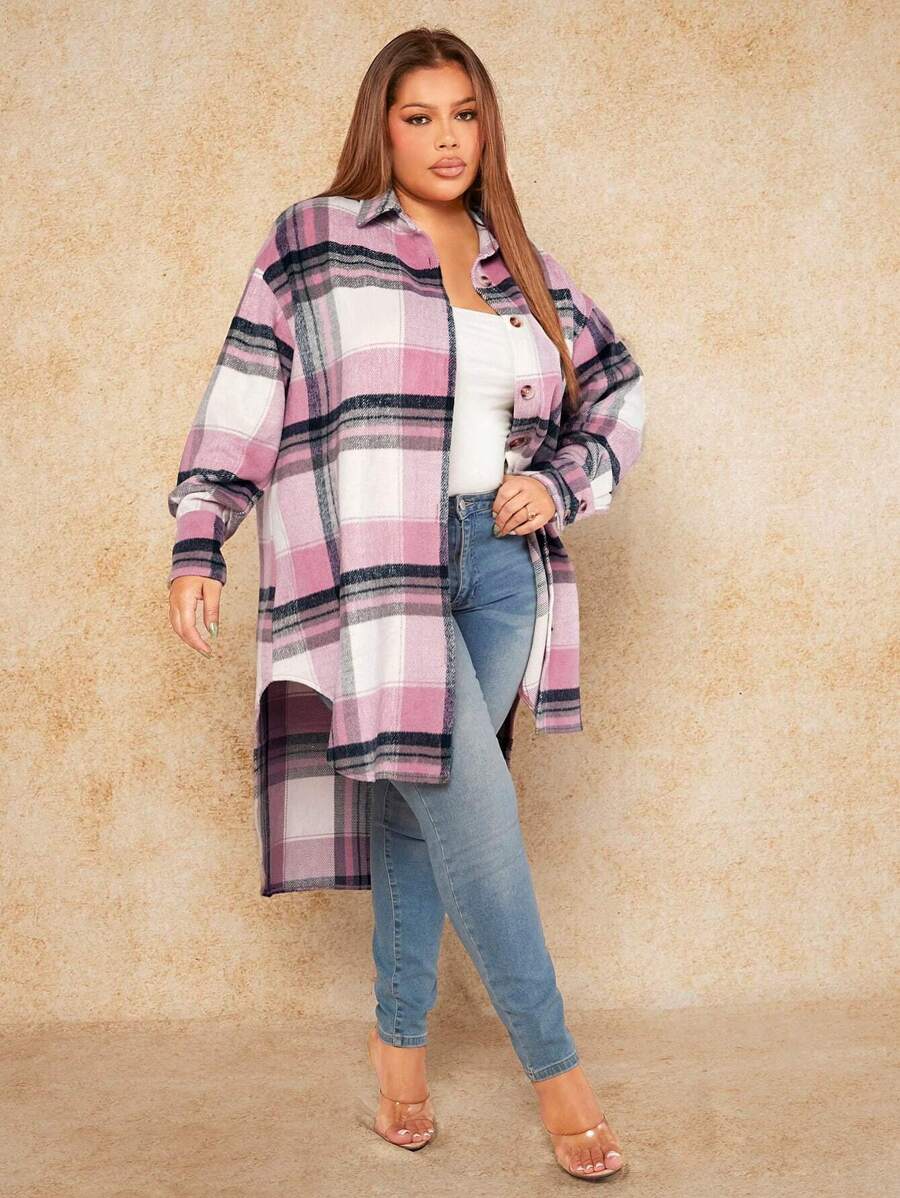 SHEIN SXY Plus Plaid Print Drop Shoulder High Low Hem Overcoat - Multicolor - View 1