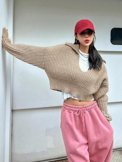 Dazy Star Drop Shoulder Ribbed Knit Crop Sweater Without Tee,Fall Women Clothes