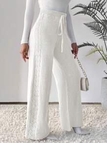 Chiquease Drawstring Waist Wide Leg Knit Pants - White - View 4