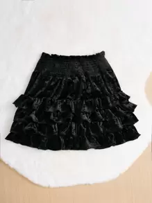 SHEIN 女孩針織純色蓬鬆寬鬆優雅半身裙 - 黑色 - 查看 2