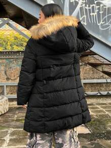 SHEIN EZwear Solid Color Collar Long Sleeve Padded Coat - Black - View 2