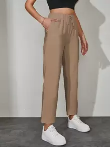 RueChic Solid Drawstring Waist Slant Pocket Pants - Apricot - View 3