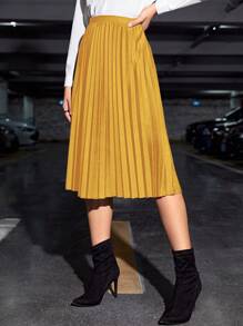 SHEIN Privé 素色百褶長款半身裙 - 黃色 - 查看 4