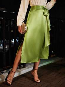 Aveloria High Waist Knot Side Satin Skirt