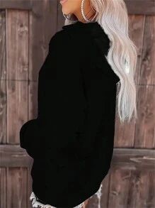 SHEIN EZwear 女士連帽運動衫,帶束帶和磨損設計 - 黑色 - 查看 4