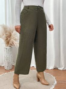 SHEIN LUNE Plus Size Wide Leg Cropped Pants - Army Green - View 4