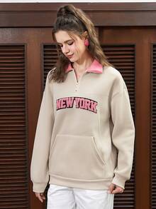 SHEIN EZwear Letter Patched Detail Contrast Collar Kangaroo Pocket Drop Shoulder Half Zip Sweatshirt - Beige - View 5
