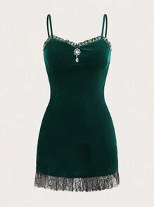 SHEIN Qutie Ren tương phản Váy Dây - Màu xanh lá cây đậm - Xem 1