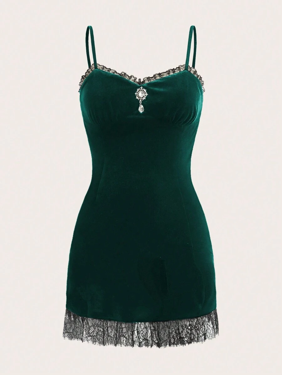 SHEIN Qutie Ren tương phản Váy Dây - Màu xanh lá cây đậm - Xem 1