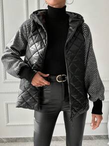 SHEIN 女式連帽棉衣,拼接袖子設計 - 黑色 - 查看 3