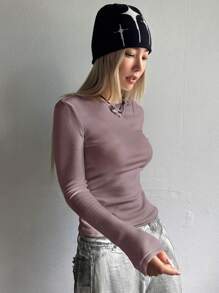 DAZY 纯色圆领保暖长袖女式上衣，带保暖内衬 - 淺灰紫 - 查看 4