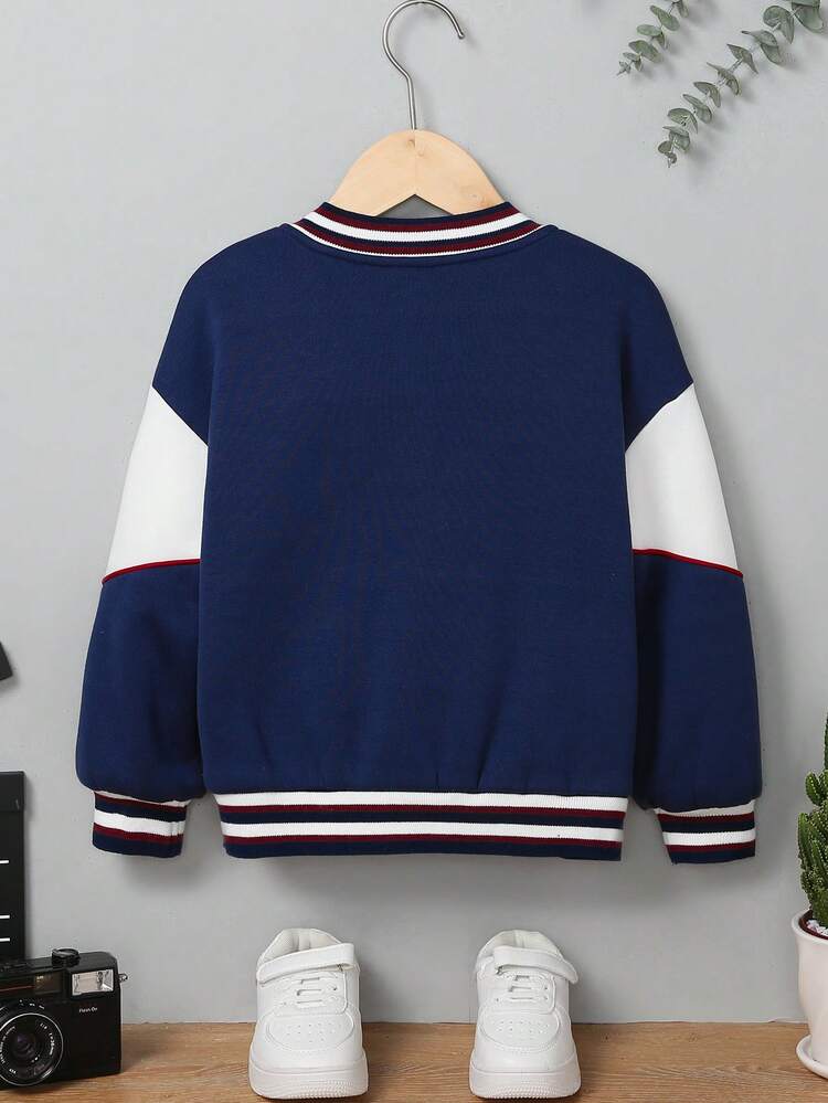 ヤングボーイ カジュアルストリートカリフォルニアレタープリント赤、白、青のストライプの装飾ルーズフィットフリースボンバージャケット、秋と冬に最適