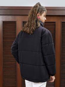 SHEIN EZwear Women's Letter Print Padded Coat With Scarf - Black - View 2