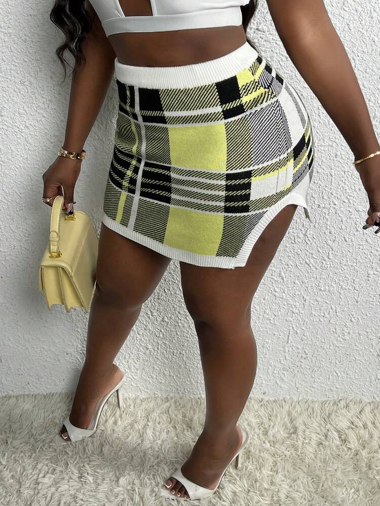 Plaid Print Split Hem Bodycon Skirt
