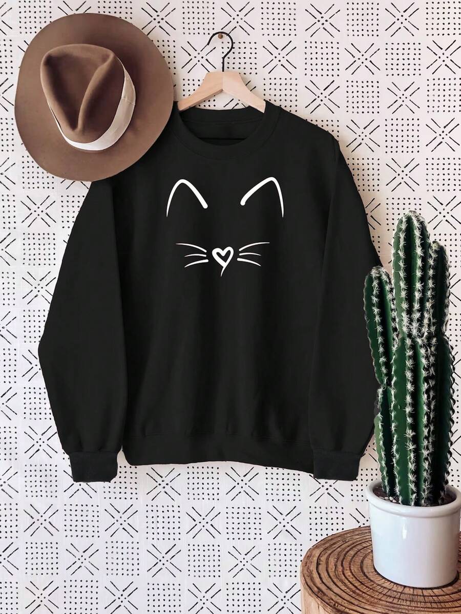 SHEIN Essnce Cartoon Print Fleece Sweatshirt - Black - View 1
