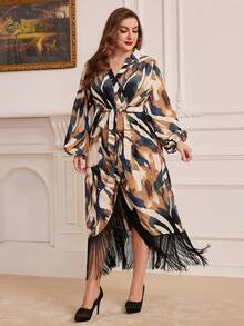 Mulvari Plus Size Printed V-neck Knotted Front Lantern Sleeve Dress With Tassel Hemline - Multicolor - View 3